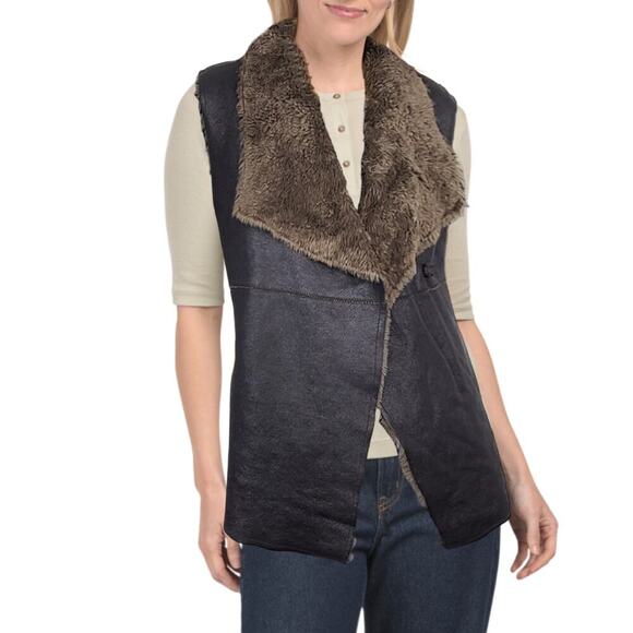 New Dylan Women's Cozy Faux Leather Fur Trim Snap Vest - Picture 1 of 7